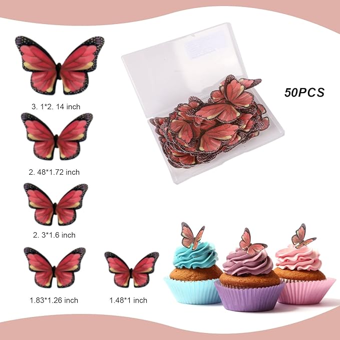 Edible Butterfly Cake Decorations - Edible Butterflies Set of 50Pcs, Edible Wafer Paper Butterflies Cupcake Toppers for Wedding Anniversary Birthday Party Cake Decorations (Light Red)