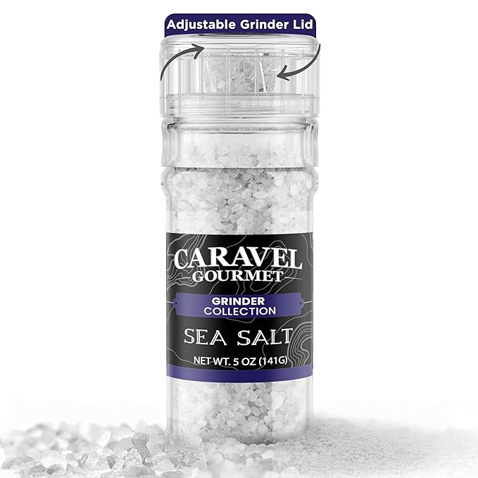 Coarse Sea Salt with Clean and Crisp Flavor ??Non-Iodized Coarse Grain Kosher Salt for Finishing, Cooking, and Seasoning ??5 oz Grinder, Caravel Gourmet