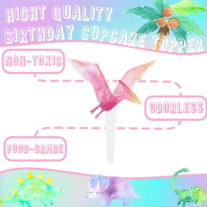 36 Pcs Pink Dinosaur Cupcake Toppers - Pink Dinosaur Party Decorations and Girl Dinosaur Party Cupcake Toppers