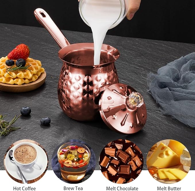 20 Oz / 600 Ml Stainless Steel Turkish Greek Arabic Coffee Pot, Stainless Steel Stovetop Coffee Maker with Lid and Handle, Espresso Maker, Milk & Butter Warmer, Rose Gold