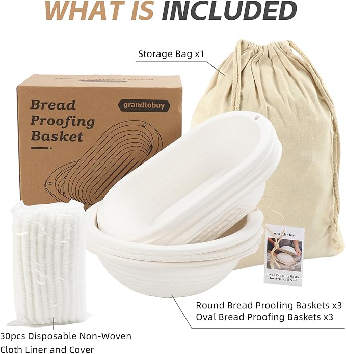6pcs Round and Oval Pulp Bread Proofing Basket Sourdough Banneton Brotform Bread Baking Supply with Storage Bag 30pcs Disposable Non-Woven Liners for Professional Homemade Bread