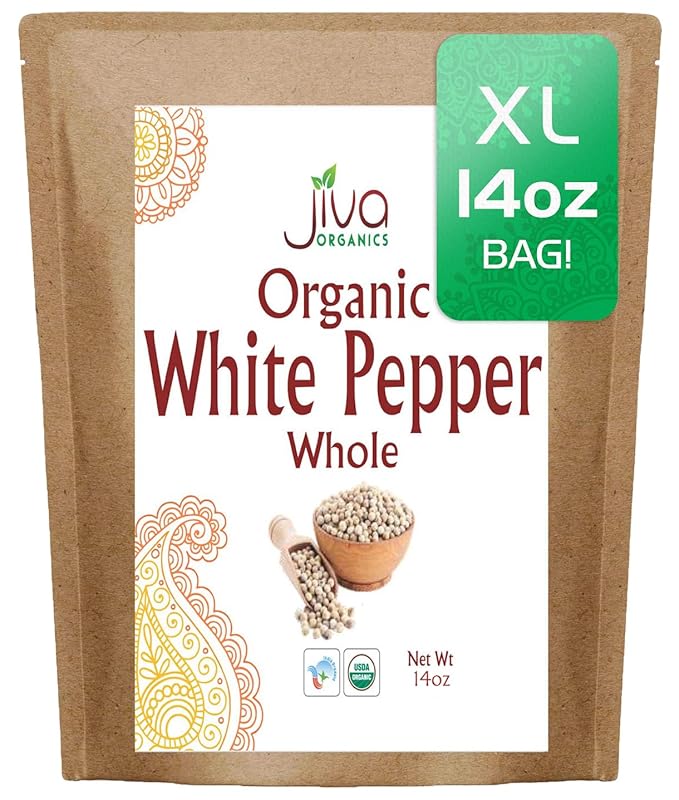 Organic White Peppercorns Whole 14Oz Bulk Bag - Non-GMO, Pure Whole Peppercorns for Grinder Refill by Jiva Organics
