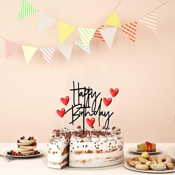 ZHENGYE Set of 1 Acrylic Black Happy Birthday Cake Topper Sign And 5 Red Love Cake Toppers Baby Shower Birthday Party Cake Decorations(Black 25)