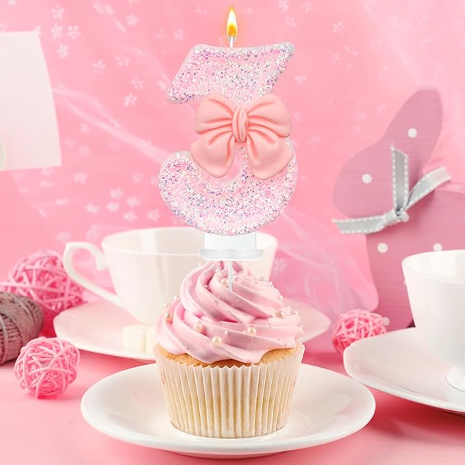 Birthday Cake Candles, Pink Glitter with Bow Cake Candles, Birthday Party Cake Toppers, Cute Birthday Candle Decorations (3)