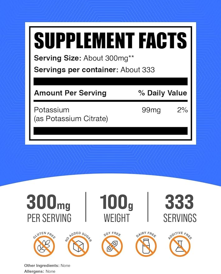 BulkSupplements.com Potassium Citrate Powder - Potassium Supplement, Electrolytes Supplement - Pure, Gluten Free - 310mg per Serving, Multiple Servings (100 Grams - 3.5 oz)