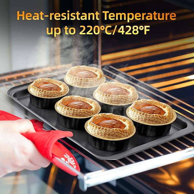 Beasea Creme Brulee Disposable Ramekins with Lids, 120 Pack 8 oz 4 Inch Mini Aluminum Foil Baking Cups Black Gold Small Round Cupcake Tart Pie Tins Pans Individual Containers Oven Safe for Baking