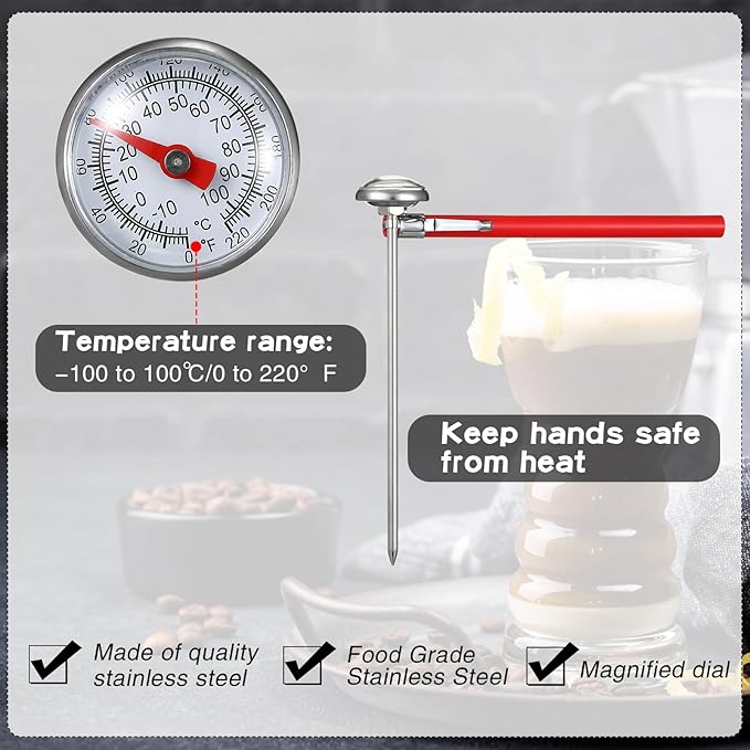 Xuhal 6 Pcs Stainless Steel Kitchen Thermometer with 5 Inch Long Stem 1 Inch Dial Thermometer Milk Frothing Food for Oven Probe Meat Grill BBQ Cooking Chocolate Water(Black, Red, White)