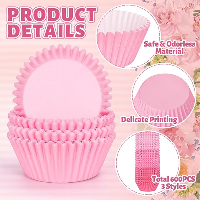 Whaline 600Pcs Pink Cupcake Liners Pink Cupcake Wrappers Disposable Paper Baking Cups 3 Styles Baking Liners Holders for Baby Shower Wedding Bridal Showers Birthday Party Supply