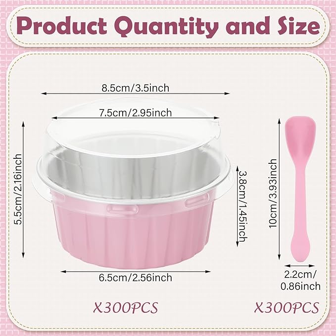 Hushee 600 Pcs Aluminum Foil Baking Cups with Lids and Spoons 5oz Disposable Ramekins Dessert Muffin Creme Brulee Cupcake Liners Containers for Wedding Birthday Christmas Party(Round,Pink)