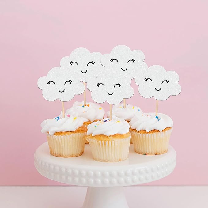 24 PCS White Cloud Cupcake Toppers Glitter Smile Clouds Cupcake Picks Cloud Cake Decorations for Clouds Theme Baby Shower Birthday Party Cake Decorations Supplies