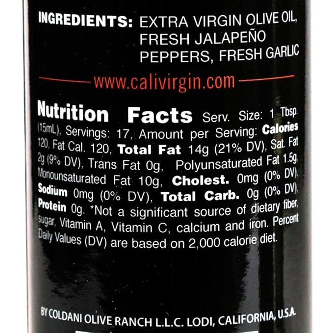 Calivirgin Jalapeno Garlic Flavored Olive Oil - Jalapeno Garlic Infused Extra Virgin Olive Oil - Cold Pressed Olive Oil - Jalapeno Olive Oil - No Preservatives, Organically Grown Olives - 250ml