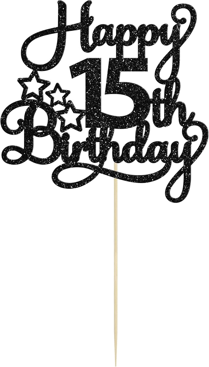 1 Pack Happy 15th Birthday Cake Topper Black Glitter Mis Quince 15 Cheers to 15 Years Old Birthday Cake Pick for Celebrating 15th Birthday Anniversary Party Cake Decorations Supplies
