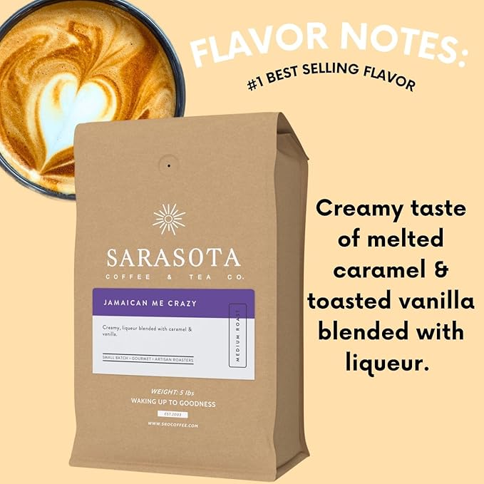 Sarasota Coffee Ground Jamaican Me Crazy | Medium Roast Gourmet Flavored Coffee Grounds | Low Acid, Mold Free, Specialty Grade Flavored Bulk Ground | 5lb (80 oz)