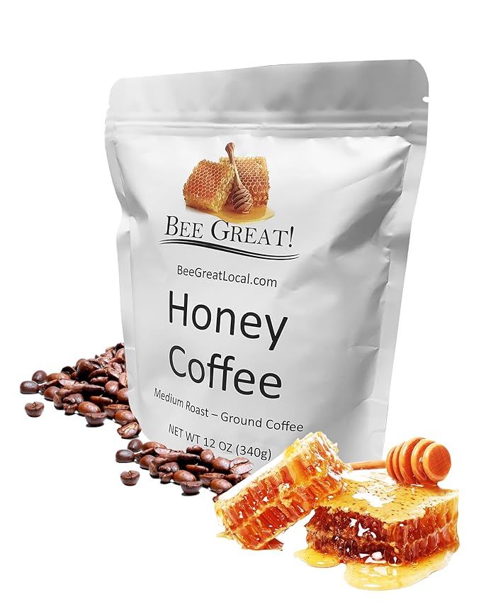Bee Great Honey Coffee ??Medium Roast Ground Organic Arabica Beans Infused with Pure Honey ??Smooth, Not Too Sweet, No Artificial Sweeteners or Flavorings ??12oz Bag