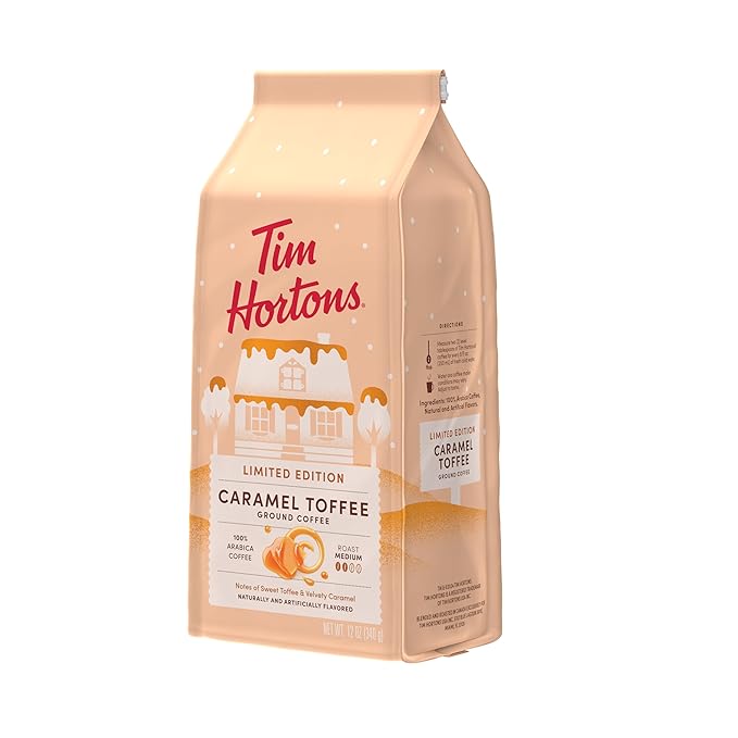 Tim Hortons 12oz Ground Bag, Caramel Toffee Flavored 100% Arabica Coffee