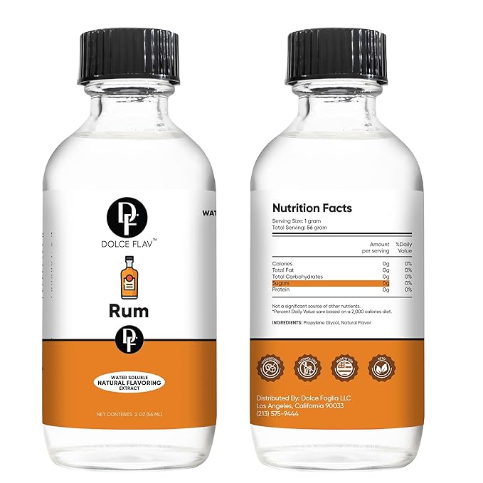 Dolce Flav Natural Rum Extract ??2 Ounce Water-Soluble Kosher, Sugar-Free, Concentrated Dark Rum Flavoring for Baking, Cocktails & Desserts, Includes Measured Dropper