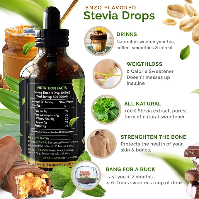 Enzo Liquid Stevia Drops Our Zero Calories Sweetener (4oz - 800 Servings/Bottle) - Chocolate Peanut Butter - All Natural flavoring with No Artificial Additives & Filler Ingredient