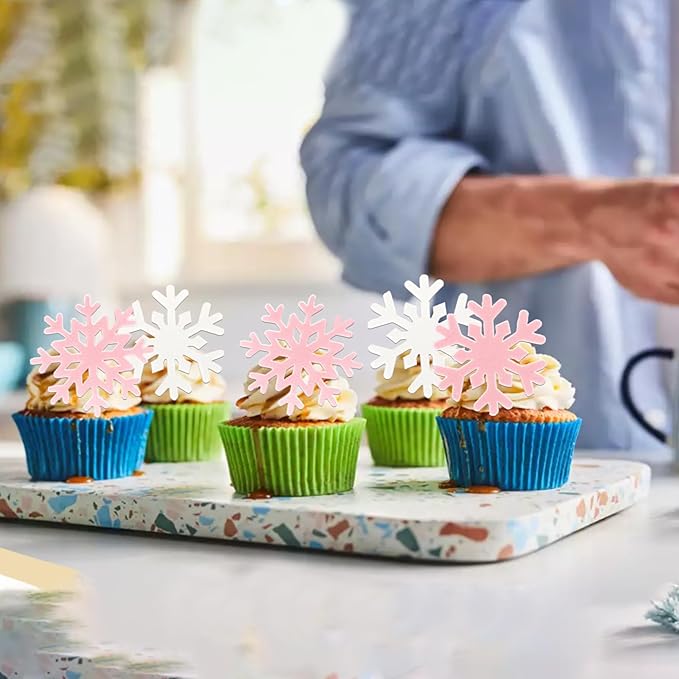 60 PCS Edible Snowflake Cupcake Toppers Snowflake Frozen Party Cake Decorations Edible Snowflake Cupcake Picks for Christmas Winter Frozen Theme Baby Shower Birthday Party Supplies White Pink