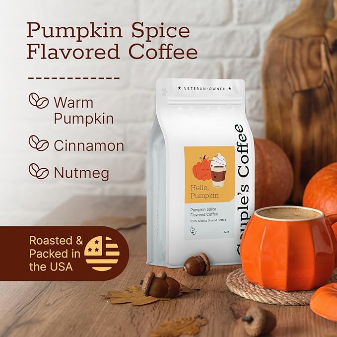Couple?™s Coffee Ground Coffee | Gives Back to Military Families | Hello Pumpkin | Medium Roast Pumpkin Spice Flavored Coffee | Made with 100% Arabica Beans | 12oz bag brews about 34 cups
