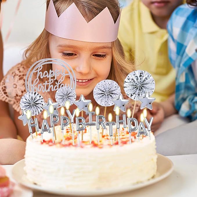 BEAN LIEVE Birthday Candles Set - Cake Topper Decoration with Cake Candles Confetti Balloon Stars and Fan Cupcake Toppers 12 Pieces Birthday Cake Decor for Birthday Party Celebration (Silver)