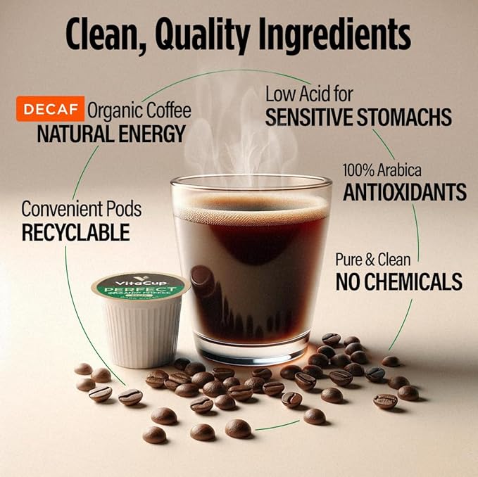 VitaCup Organic Perfect Dark Roast Decaf Coffee Pod for Pure & Clean Energy, Antioxidants, Low Acid, Peru Single Origin in Recyclable Single Serve Pod Compatible with Keurig K-Cup Brewers, 32CT