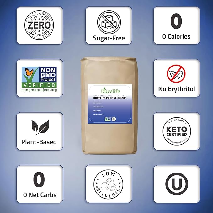 Durelife Allulose sweetener, 55 lb 100% Pure No Erythritol powdered Sugar Substitute, NON-GMO Project Verified, Keto Certified, OU kosher, No Fillers, Zero Calories sugar alternative 55 Lbs, Bulk Bag 880 oz
