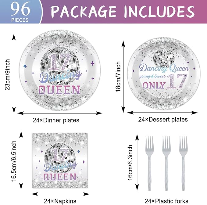 96Pcs Dancing Queen Plates and Napkins for 17 Birthday Party Decorations for Girls Silver 17 Year Old Dessert Plates Dancing Queen Tableware Set for 24 Guests 17 Birthday Party Supplies