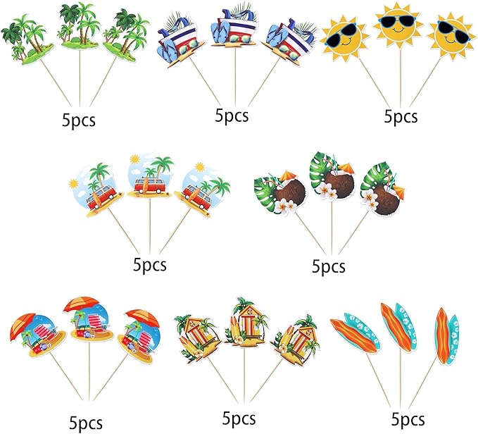 40 Pack Summer Beach Cupcake Toppers Sun Umbrella Coconut Bus House Cupcake Picks Slippers Kayak Cake Decorations for Baby Shower Hawaii Beach Birthday Party Supplies