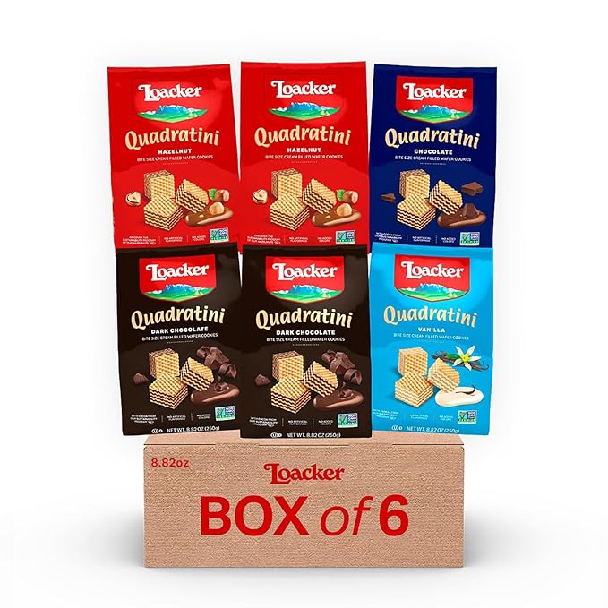Loacker Quadratini Variety Pack Wafer Cookies LARGE - 30% Less Sugar - Mix of Hazelnut, Dark Chocolate, Vanilla and Chocolate - Premium Crispy Bite Size Wafers - LARGE Pack of 6