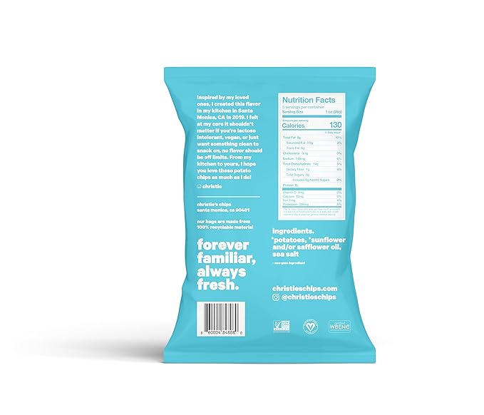 Christie's Chips Sea Salt - Super Natural Potato Chips - Perfectly Balanced Classic Salty Snack - Vegan, Gluten-Free, Kosher, All-Natural Gourmet for Everyday Cravings - 5oz - 6 Pack