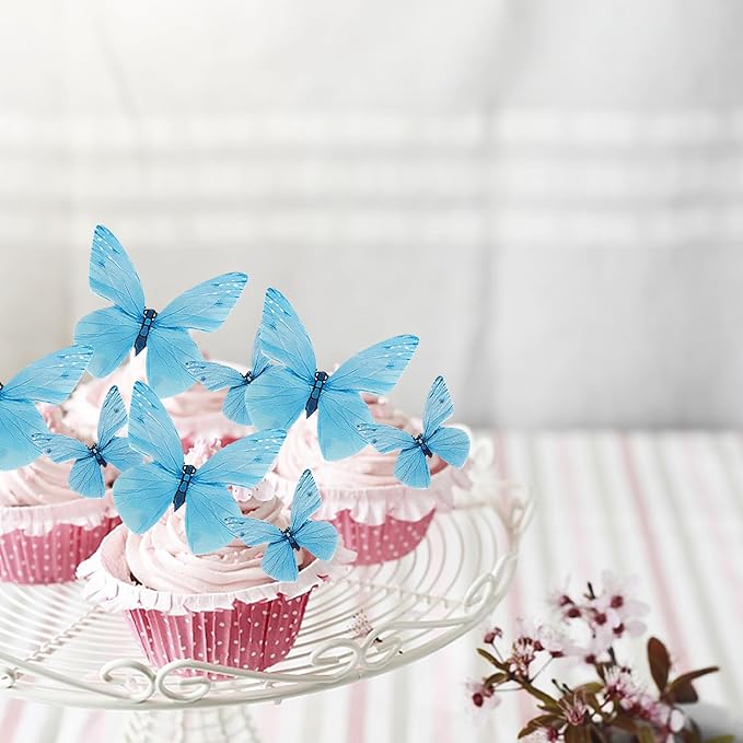 72PCS Edible Butterfly Cupcake Toppers Butterfly Cupcake Picks Edible Butterfly Cupcake Decorations for Butterfly Theme Baby Shower Kids Birthday Party Cake Decorations Supplies Blue