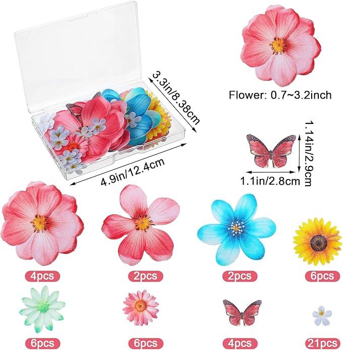 55Pcs Edible Flower Butterfly Cake Topper, Mixed Size & Colour Wafer Paper Cupcake Toppers, Wedding Party Flowers Decoration for Cake, Birthday, Baby Shower Supplies