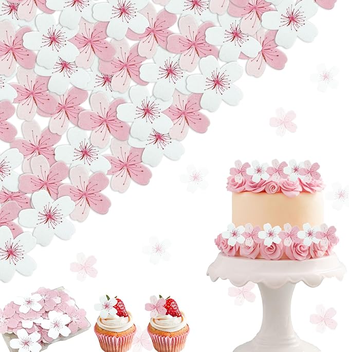 60pcs Edible Flowers Cake Decorations ??Edible Flowers Cherry Blossoms Cake Topper Cupcake Toppers Decorations Wafer Paper, Flower Cupcake Toppers for Wedding Birthday Party