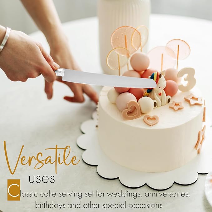 Cake Knife and Server Set, Cake Cutter and Pie Spatula, Cake Server and Knife Set with Acrylic Crystal Handles, Cake Cutting Set for Wedding Cake ??1.2mm Thick Blades, Birthdays, and Parties (Silver)