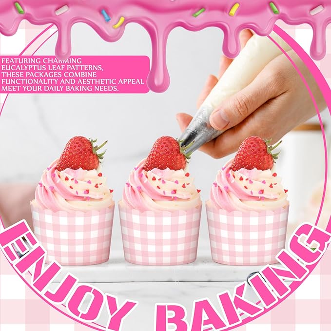 Vesici 150 Pcs Pink Gingham Ice Cream Cups 5oz Dessert Paper Bowls Gingham Scalloped Cupcake Cups Disposable Dessert Bowls for Food Sundae Frozen Yogurt Soup Party Supplies
