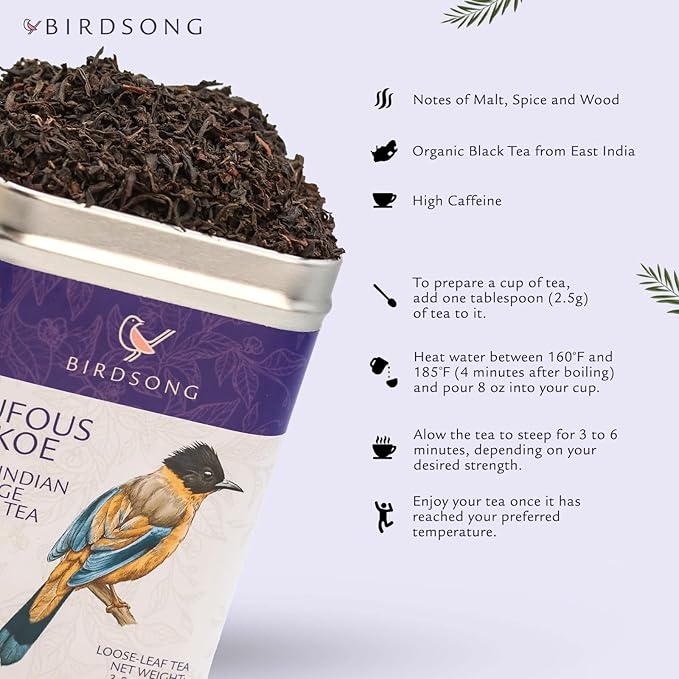 Birdsong Rufous Pekoe -Organic East Indian Orange Pekoe Tea with Malt, Spice and Wood Notes, 100% Natural Sweet Caffeinated English Breakfast Black Tea, 20 Non-GMO Plant-Based Pyramid Tea Bags