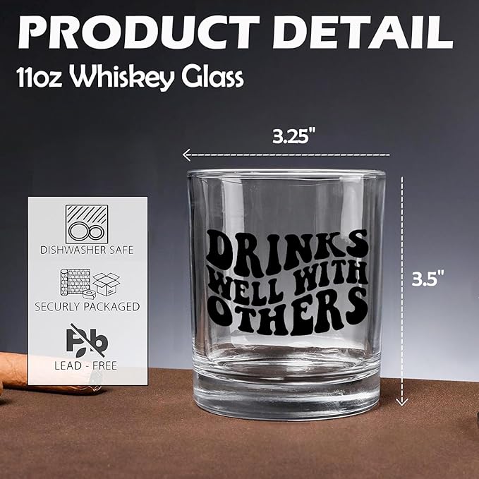 Funny Whiskey Glasses 10 oz, Drinking Gifts for Women Men, Drinks Well With Others Old Fashioned Rocks Glasses for Drinking Scotch Bourbon Cocktail Liquor Vodka