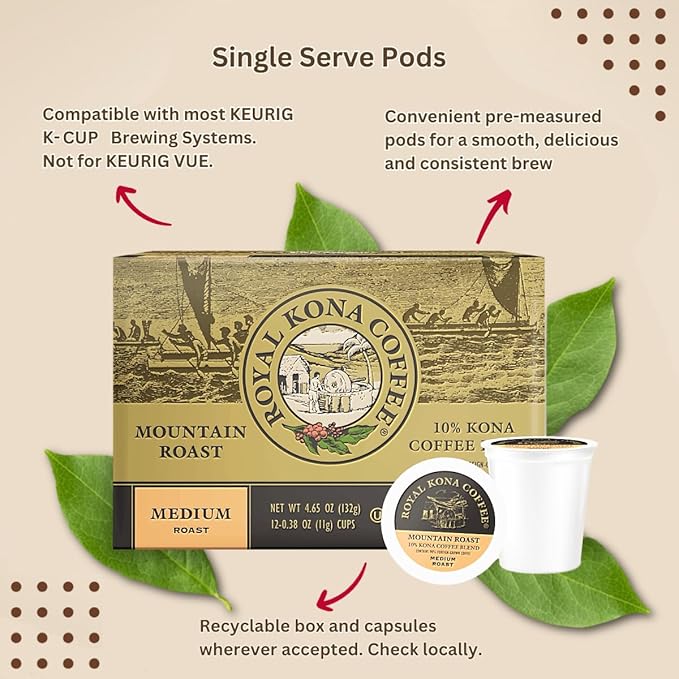 Royal Kona Coffee Mountain Roast, 10% Kona Coffee Blend, Medium-Roast Single-Serve Coffee Pods, Compatible with Single Serve Brewing Systems, A Taste of Aloha - (12 Count Box)