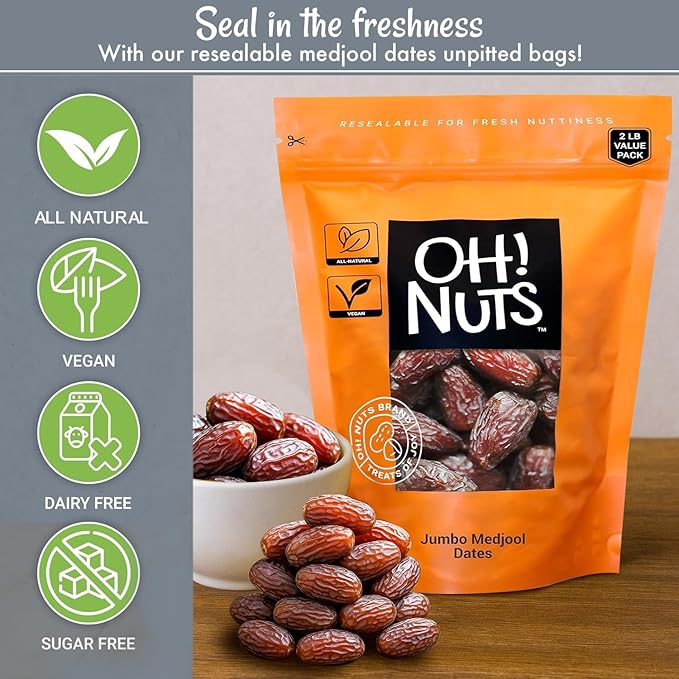 Oh! Nuts Jumbo Medjool Dates - Dried Dates - 2 lb - Unpitted Medjool Dates - No Sugar Added - Dehydrated Fruit Snack
