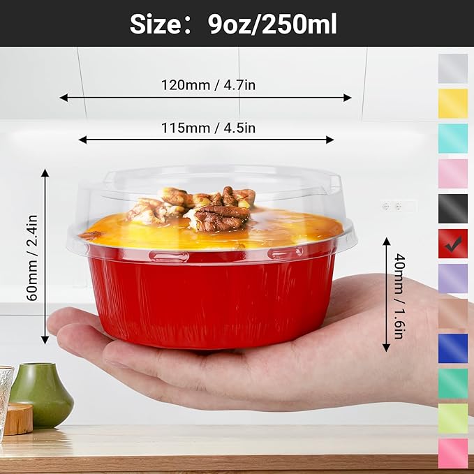 EUSOAR Cake Container, 50pcs 9oz Red Aluminum Pan Carrier with Lid, Disposable Foil Ramekins Oven Safe Cupcakes Bread Pudding Mini Loaf Round Holders Pans with Lids for Wedding Birthday Theme Party