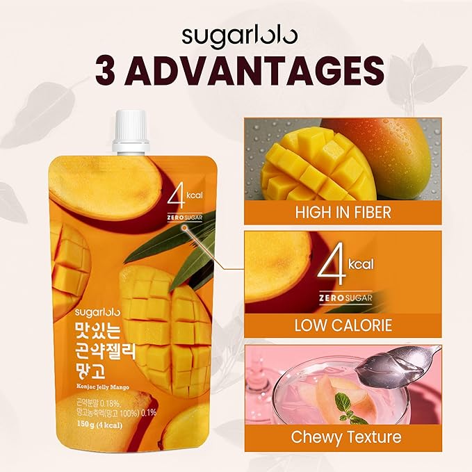Sugarlolo Konjac Sweet Mango Jelly Snack - Vegan Jello with Zero Sugar | Only 4 Calories per Pouch | Low Calorie Korean Snacks5.29 Oz (150g) | 10 Pack