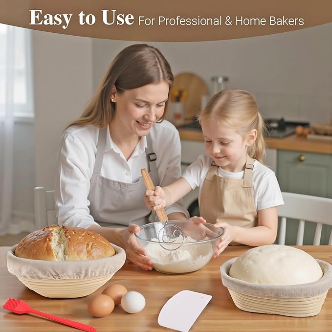 Sourdough Bread Proofing Basket Kit,9" Round and 10" Oval Banneton Basket with Liners & Covers,Bread Baking Supplies with Bread Lame, Dough Whisk, Brush,Bowl Scraper,Brush and Scraper