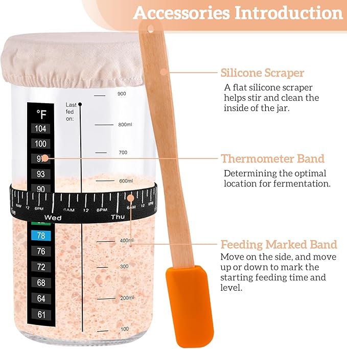 Sourdough Starter Jar, 2 Pack 35 oz Sourdough Starter Kit with Thermometer, Feeding Date Band, Scraper, Cloth Cover, and Metal Lid. Sourdough Baking (Orange)