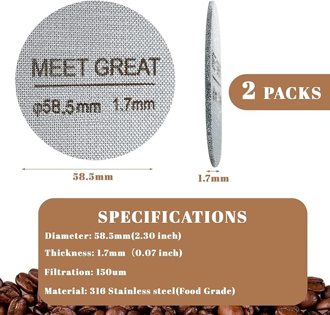 Meet Great- 2 Packs 58.5mm Espresso Puck Screen, 1.7mm Thickness 150?œm 316L Stainless Steel, Upgraded Reusable Coffee Filter Screen for 58.5mm Breville Portafilter Filter Basket
