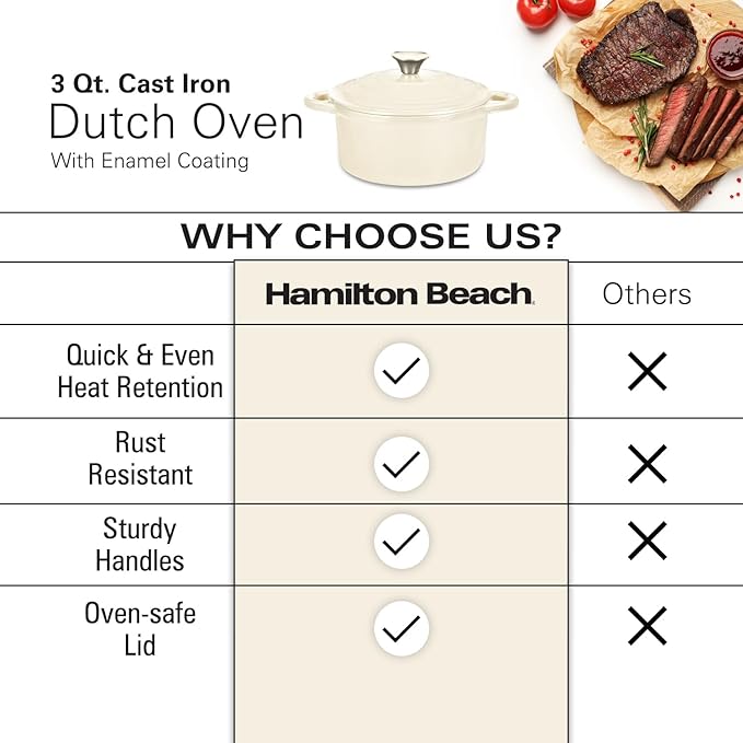 Hamilton Beach 3-Quart Enameled Cast Iron Dutch Oven Pot with Lid, Cream