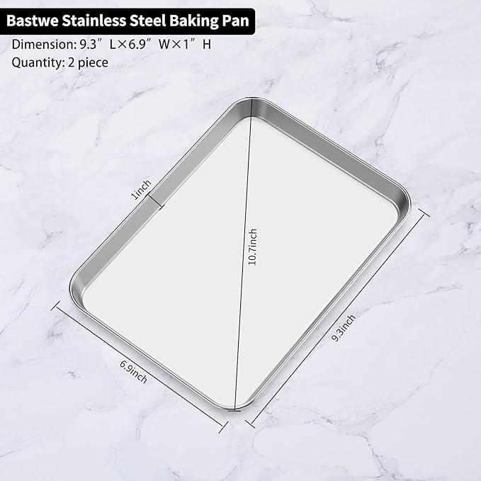 Baking Sheets 2 Pieces, Bastwe Stainless Steel Baking Pan Tray Cookie Sheet, Rectangle Size 9 X 7 X 1 inch, Healthy & Non Toxic, Rust Free & Mirror Finish, Easy Clean & Dishwasher Safe