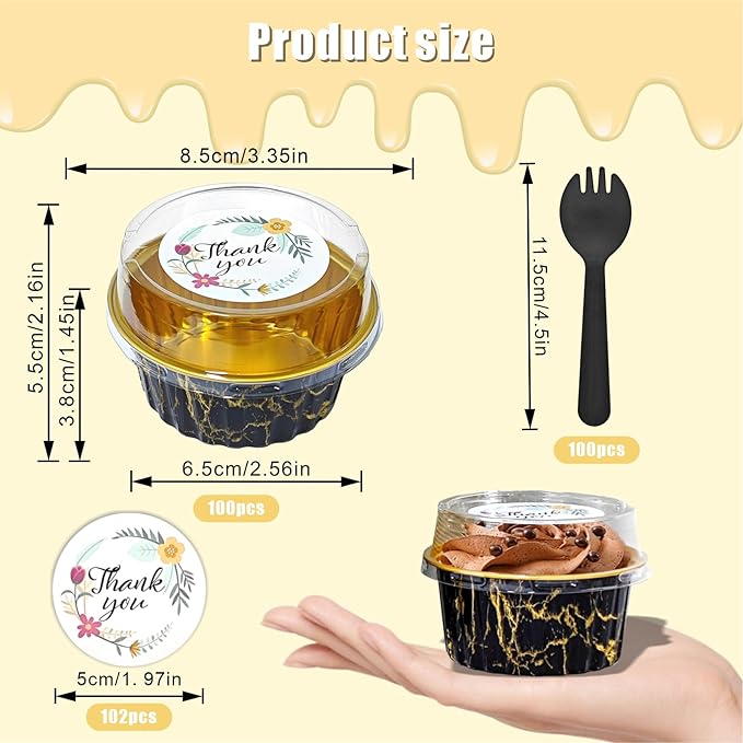 100 Pack Aluminum Foil Cupcake Baking Cups w Lids Spoons and Stickers for Birthday Party Decoration Supplies, 5oz Mini Cake Pans Disposable Ramekins Cups Cheesecake Containers for Wedding, Marble