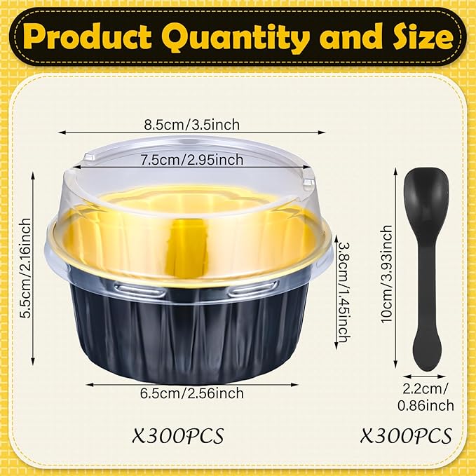 Hushee 600 Pcs Aluminum Foil Baking Cups with Lids and Spoons 5oz Disposable Ramekins Dessert Muffin Creme Brulee Cupcake Liners Containers for Wedding Birthday Christmas Party(Round,Black Gold)