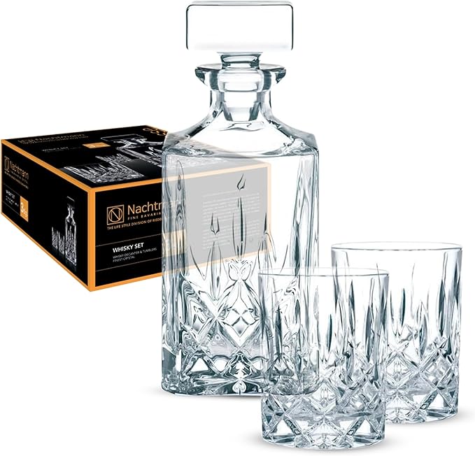 Nachtmann Noblesse 3-Piece Crystal Whiskey Set - 25oz Decanter with Stopper & 10.4oz Tumblers, Luxurious Glassware for Elegant Home Bars & Whiskey Enthusiasts - Modern Glass Collection