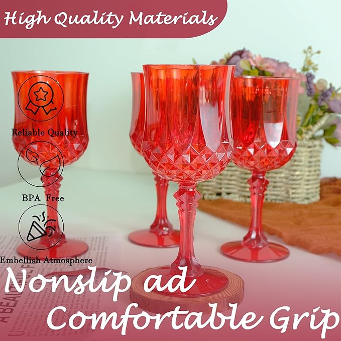 Plastic Wine Glasses,Plastic Goblets Vintage Style Cordial Drinking Glasses for Wedding Reception, Christmas Grand Event Party Supplies (12, Red)